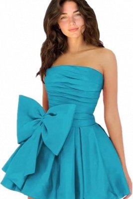 Simple Strapless Ruffle Satin Short Homecoming Dress with Bow_14