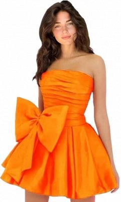 Simple Strapless Ruffle Satin Short Homecoming Dress with Bow_8