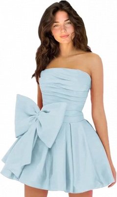 Simple Strapless Ruffle Satin Short Homecoming Dress with Bow_59