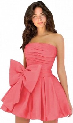 Simple Strapless Ruffle Satin Short Homecoming Dress with Bow_20