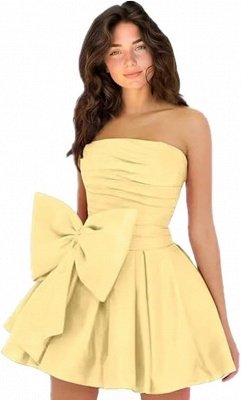 Simple Strapless Ruffle Satin Short Homecoming Dress with Bow_9