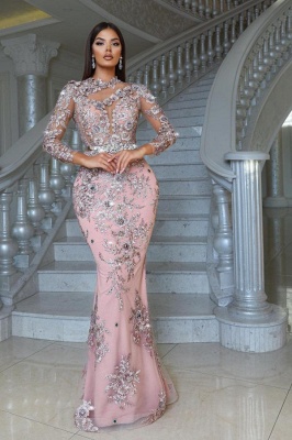 Luxury Floral Lace Mermaid Prom Dress with Detachable Train Long Sleeves Sheath Evening Gown_2