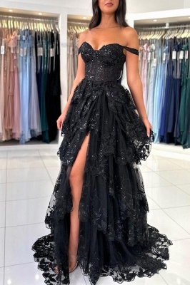 Off-the-Shoulder Glitter Front Split Evening Dress Sweetheart Puffy Floor Length Party Dress_3