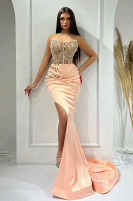 Charming Strapless Ruched Satin Side Split Mermaid Prom Dress with Sweep Train_2