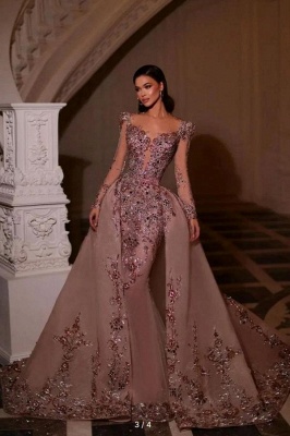 Gorgeous Long Sleeves Glitter Flower Mermaid Prom Dress with Detachable Sweep Train