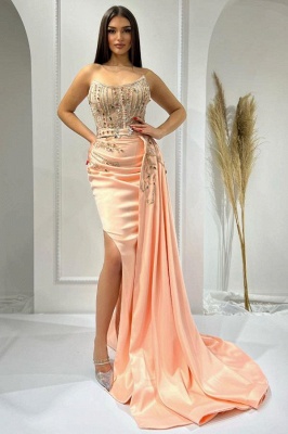 Charming Strapless Ruched Satin Side Split Mermaid Prom Dress with Sweep Train