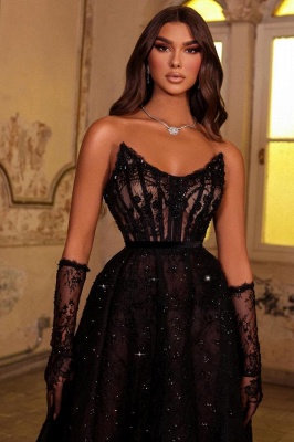 Glitter Strapless Black Evening Dress Sleeveless Floor Length Party Dress_5