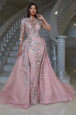 Luxury Floral Lace Mermaid Prom Dress with Detachable Train Long Sleeves Sheath Evening Gown_1