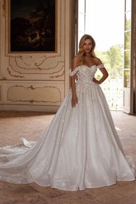 Glamorous Off Shoulder Lace Aline Wedding Dress Glitter Ball Gown