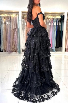 Off-the-Shoulder Glitter Front Split Evening Dress Sweetheart Puffy Floor Length Party Dress_2