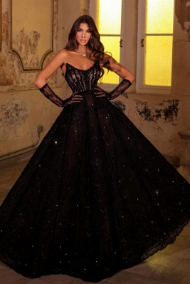 Glitter Strapless Black Evening Dress Sleeveless Floor Length Party Dress_2