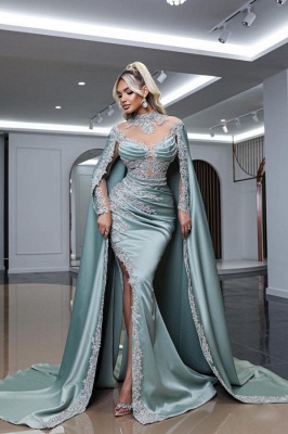 Gorgeous High Neck Satin Bodycon Prom Dress Silver Appliques with Sweep Train