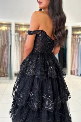 Off-the-Shoulder Glitter Front Split Evening Dress Sweetheart Puffy Floor Length Party Dress_6