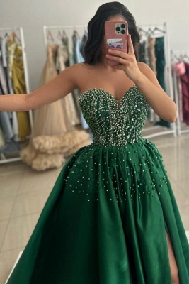 Charming Ssweetheart Sparkly Beadings Aline Evening Dress Front Split Green Satin Prom Dress_2