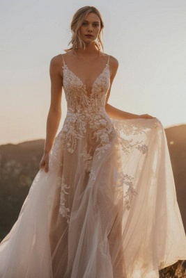 Chic Sleeveless V-neck Lace Appliques Aline Wedding Dresses Strapless Tulle Bridal Dress_3