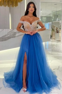 Sweetheart Off-Shoulder Dazzling Blue Tulle Long Prom Dress V-Neck A-Line Front-Split Evening Dress