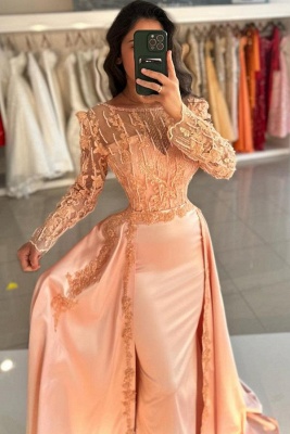 Stunning Scoop Neck Lace Satin Mermaid Evening Dress with Sweep Train Long Sleeves_2