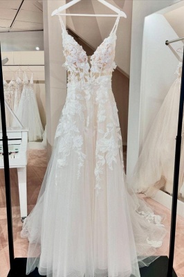 Elegant Tulle Floral Lace Aline Wedding Dresses Sleeveless Bridal Dress