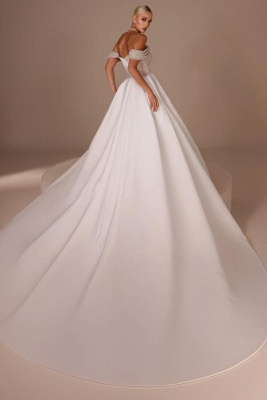 Stunning Off-the-Shoulder Sheath Wedding Dresses Glitter Sequins Ruched Satin Bridal Dress_2