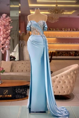 Off-the-Shoulder Sweetheart Ruched Satin Long Prom Dress with Sweep Train