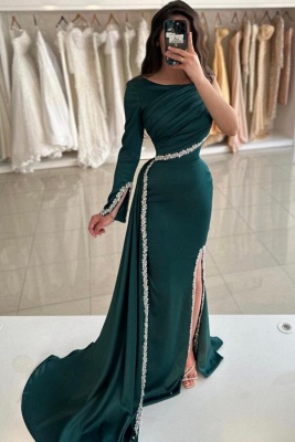 One Shoulder Dark Green Side Split Evening Dress with Glitter Rinestones_2