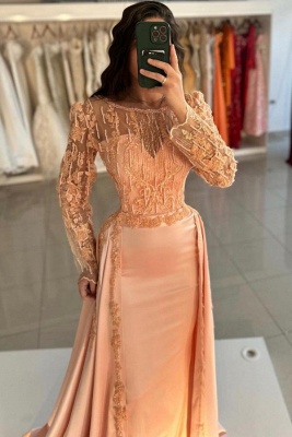 Stunning Scoop Neck Lace Satin Mermaid Evening Dress with Sweep Train Long Sleeves_3