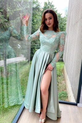 Elegant Mint Green Lace Long Sleeves Floor Length Formal Dress Satin Evening Dress_2