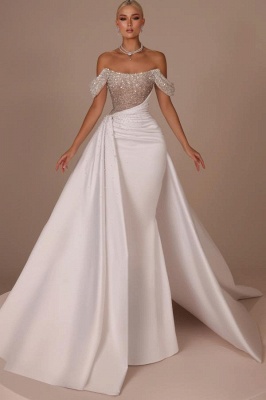 Stunning Off-the-Shoulder Sheath Wedding Dresses Glitter Sequins Ruched Satin Bridal Dress