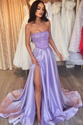 Chic Strapless Sequins Side Slit Evening Dress Lilac Satin Party Wear Dress