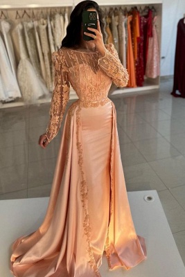 Stunning Scoop Neck Lace Satin Mermaid Evening Dress with Sweep Train Long Sleeves