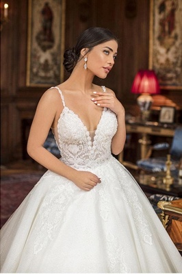 Stylish Spaghetti Straps Lace Aline Wedding Dress Appliques V-Neck Ball Gown_3