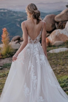 Chic Sleeveless V-neck Lace Appliques Aline Wedding Dresses Strapless Tulle Bridal Dress_2