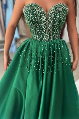 Charming Ssweetheart Sparkly Beadings Aline Evening Dress Front Split Green Satin Prom Dress_3