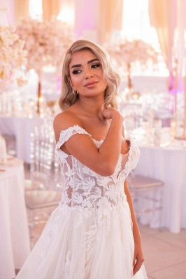 Off Shoulder Long Sleeves White Tulle Lace Wedding Dress Sweetheart Aline Bridal Dress