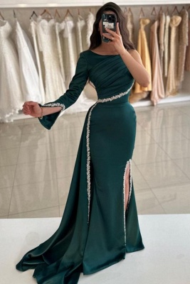 One Shoulder Dark Green Side Split Evening Dress with Glitter Rinestones