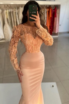 Stunning Scoop Neck Lace Satin Mermaid Evening Dress with Sweep Train Long Sleeves_5