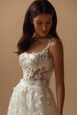 Chic White Spaghetti Straps Floral Lace Aline Wedding Dresses Square Neck Tulle Bridal Dress_3