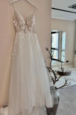 Classic Lace Appliques Aline Wedding Dress Spaghetti Straps Tulle Bridal Dress