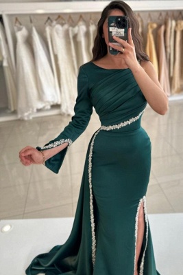 One Shoulder Dark Green Side Split Evening Dress with Glitter Rinestones_3