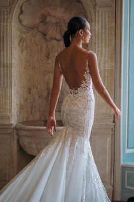 Elegant Sleeveless Mermaid Appliques Lace Bridal Gown_4