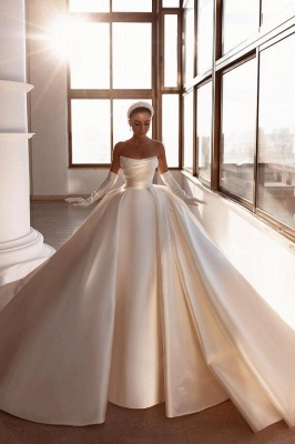 Classy Beaded Ruched Satin Bridal Gown Strapless Princess Wedding Dress