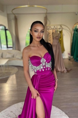 Beading High Slit Column Prom Dress Strapless Ruched Satin Brush Evening Dress_2