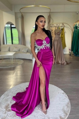 Beading High Slit Column Prom Dress Strapless Ruched Satin Brush Evening Dress