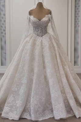 Sweetheart  Long Sleeves A-line Wedding Dress Equisite Appliques Lace Bridal Gown with Chapel Train