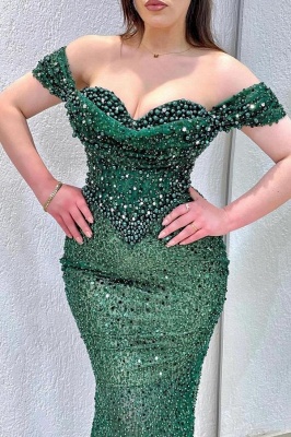 Gorgeous Green Empire Mermaid Long Prom Dress Sweetheart Off-Shoulder Crystal Evening Dress_2