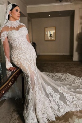 Exquisite Appliques Lace Wedding Dress High Neck Trumpet Empire Bridal Gown with Chapel Train