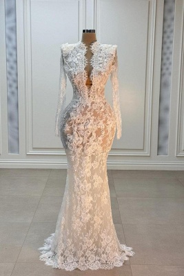 Elegant Appliques Lace Bridal Gown with Long Sleeves Empire Trumpet Wedding Dress with Chapel Train