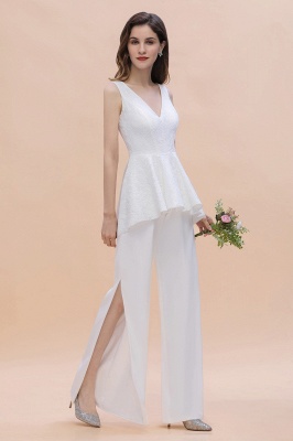 Simple V-neck Lace Bridesmaid Wear Jumpsuit with Side Slit_1