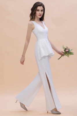 Simple V-neck Lace Bridesmaid Wear Jumpsuit with Side Slit_5