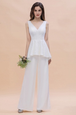 Simple V-neck Lace Bridesmaid Wear Jumpsuit with Side Slit_6